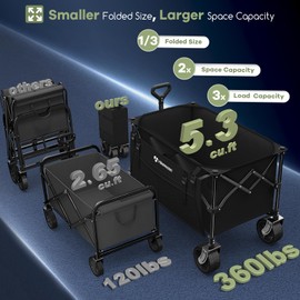 Hikemoon 150L Collapsible Wagons Carts Foldable, 360LBS Heavy Duty Folding Beach Cart with Big All-Terrain Wheels, Portable Utility Wagon for Grocery, Shopping, Garden, Sports, Camping, Black