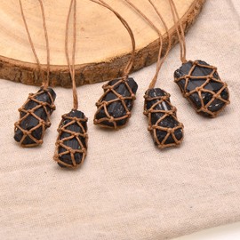 Knotted Rope Holding Natural Crystal Black Tourmaline Rough Stone Reiki Healing Necklace