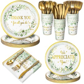 Yungyan 252 Pcs Sage Green Thank You Party Tableware Set Thank You for All You Do We Appreciate You Plates Napkins Cups Cutlery for Employee Teacher Graduation Appreciation Party 36 Guests