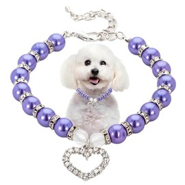 Purple Dog Pearl Necklace Collar, Fancy Cat Wedding Collar Jewelry with Crystal Rhinestone Heart Pendants Girl's Bling Pet Collar Birthday Gift for Puppy Kitten Small Medium Large Dogs, S