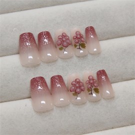 POKENGDA Prsess on Nails Short-Gradients Fake Nails Coffin Press-On Nails,Nail Designs Pink False Nails Acrylic Nails Shimmery Nail Art for Women