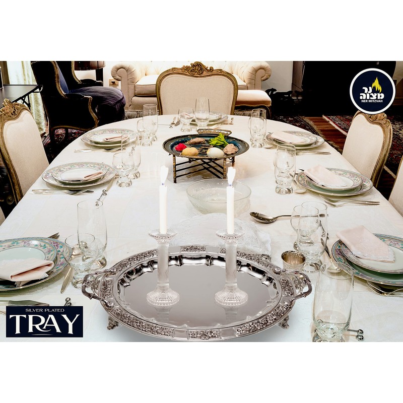 Ner Mitzvah Silver Plated Menorah Tray with Handles, for Shabbos,