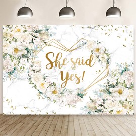 MEHOFOND 8x6ft She Siad Yes Floral Backdrop for Bridal Shower Marble White Flowers Bride to Be Photography Background Hearts Geometric Couple Wedding Party Decorations Engagement Banner Props
