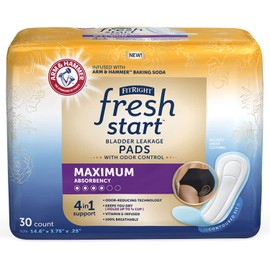 FitRight Fresh Start Postpartum and Incontinence Pads for Women, Maximum Absorbency (120 Count) Bladder Leakage Pads with The Odor-Control Power of ARM & Hammer (30 Count, Pack of 4)