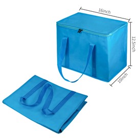 SYF-UN 2 Pack Insulated Reusable Grocery Shopping Bag, Food Delivery, Cooler Bag, Heavy Duty, Large Size, Durable Handles, Dual Tab Zips, Lid, Stands Upright, Collapsible, Sustainable (Blue, 2 Pack)