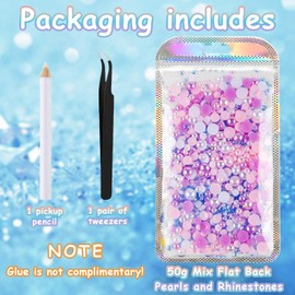 Mix Flat Back Pearls and Rhinestones 50g Flat Back Rhinestones with Wax Pen and Tweezers, Crafts Flatback Pearls Rhinestone for Crafts, Clothing, DIY Decoration (Pink)