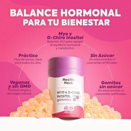 Health Hack Myo y D-Chiro Inositol en Gomitas, Ratio 40:1, 2000 mg Mio y 50 mg D-Chiro Vitamina B8 por Porción, Sabor Fresa, Suplemento Vegano para Mu