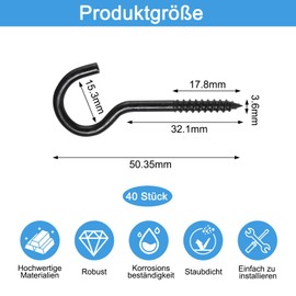 JOYSKY Screw Hooks Black Pack of 40 Hooks Screws 50 mm Load Capacity 14-23 kg Stainless Steel Hooks for Screwing Screw Hook Set Hook Screw Screw Hooks for Attaching Plants, Awnings, Lamps