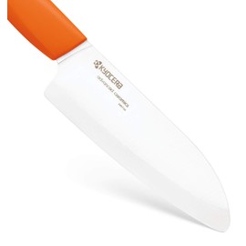 Kyocera’s Revolution Series 5.5” Ceramic Santoku Knife, Chef Knife For Your Cooking Needs, Orange Handle, White Blade