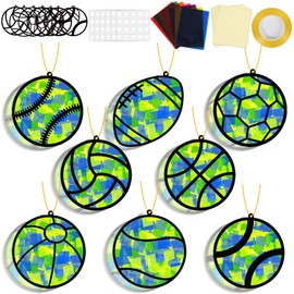 32 Sets Sports Ball Suncatchers Craft Kit DIY Window Stained Glass Effect Football Baseball Basketball Paper Craft Home School Classroom Decoration Kid Birthday Gift Creative Art Project Activity Game