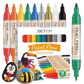 Betem 9 Colors Dual Tip Oil Based Paint Markers Acrylic Paint Pens(0.7mm & 3mm),Permanent,Waterproof,Quick Dry,for Rock Painting,Wood,Plastic,Metal,Canvas,Glass,DIY Crafts,Art Supplies