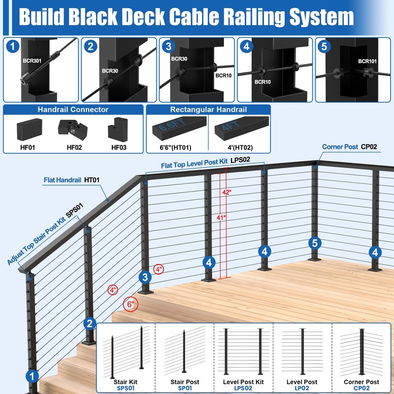 CKE T-Drilled Corner Post Cable Railing, Three Sides T-Drilled 42"