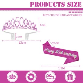 50th Birthday Sash and Tiara for Women,Purple 50th Birthday Crown Costume Set for 50th Birthday Gifts,Rhinestone Birthday Crown and Shoulder Strap for Her 50th Birthday Decoration Party Accessories
