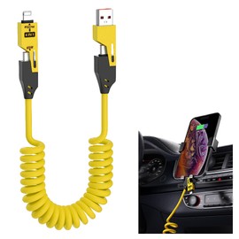 4-in-1 Spring Fast Charging Cable 4-Foot 65-watt Winding car USB Data Cable for smart Phones, laptops, etc. Wound Silicone Design, Apple and Type-c Interface. (Yellow)