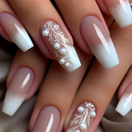 IMSOHOT Long Press on Nails Coffin White Gradient Fake Nails with Pearl Designs Full Cover Nude White Artificial Ballerina False Nails for Women Girls 24Pcs Glossy Glue on Nails
