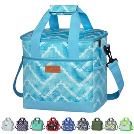 Iknoe Large Cooler Bag Collapsible, Insulated Bags Leakproof Lunch Cooler Tote with Multi-Pockets for Adult, Insulated Lunch Box for Beach, Picnic, Work, Blue White 24-Can (15L)