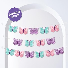 Big Dot of Happiness Beautiful Butterfly Garland Banner, Floral Baby Shower or Birthday Party Decorations, Fairy Garden Party Banner, 30 Feet of Cord, 15 Double-Sided Butterflies