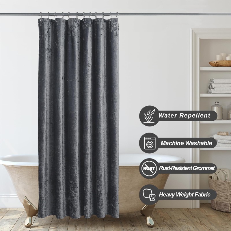 TAMGHO Crushed Velvet Shower Curtain for Bathroom, Dark Grey, 72x72