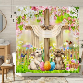 Easter Bunny Shower Curtain, Happy Easter Shower Curtain, Whises He is Risen The Cross on Spring Floral Scene Holiday Bathroom Home Decor, Waterproof Farmhouse Fabric 72x72 inch with Hooks