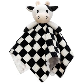 BEILIMU Cow High Contrast Baby Security Blanket for Babies, Soft 3D Checkerboard Lovey with Minky Dot Fabric Backing, Newborn Boys and Girls Snuggle Stuffed Animal Blankie 14 Inch