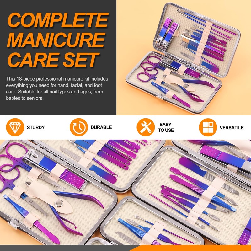Rustark 18Pcs Rainbow Manicure Pedicure Kit Professional Stainless Steel Nail