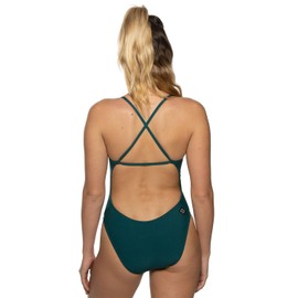 JOLYN Brandon Onesie - Fixed Back Women's Athletic One Piece Swimsuit, Medium-Full Coverage Bathing Suit for Competitive Swimming, Water Polo, Lifeguarding, Paddling, Peacock, 32