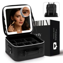 BeautyOnBoard Travel Makeup Bag with LED Mirror, PU Leather Makeup Case - 3 Adjustable Brightness Levels, Lighted Cosmetic Case with Mirror, Dividers - Make Up Portable Storage Organizer with Handle