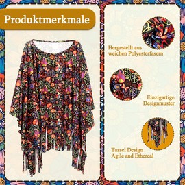 Hippie Costume Women's Set, 7 Pieces Women's Poncho Set, 60s 70s Hippie Clothing, Hippie Costume Set, Fancy Dress Costume with Poncho Necklace Earrings Sunglasses for Carnival Disco Party Cosplay