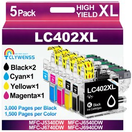 CLYWENSS Compatible LC402XL Ink Cartridges Replacement for Brother LC402XL LC402 XL LC402 Ink High Yield for MFC-J5340DW MFC-J6540DW MFC-J6740DW MFC-J6940DW Printer (2BK/C/M/Y, 5-Pack)