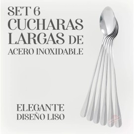 J.H. Company Set 6 Pcs Cuchara Mango Largo Cubierto Acero Inoxidable K101 Mango Plateado
