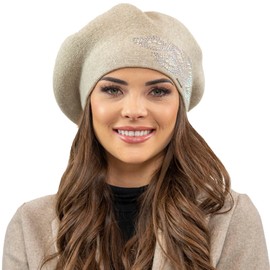 VIVISENCE Beret Hat for Women Winter Autumn Warm Berets with Shiny Zirconia Appliqué Women Elegant Classic Style Perfect for Autumn and Winter Days Model 7051, beige