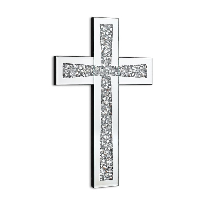 Aeveco Silver Mirrored Wall Cross 15×10 inch, Crystal Crush Diamond