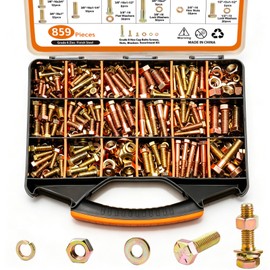 859PCS Grade 8 SAE Bolt Assortment Kit with Storage Box, Heavy-Duty Yellow Zinc Plated Alloy Steel Hex Bolt Set, Nuts with Flat & Lock Washers (1/4-20,5/16-18,3/8-16,1/2-13) for Home Improvement