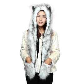 FakeFace 3 in 1 Unisex Men Women Girls Faux Rabbit Fur Cartoon Animal Fox Ears Hood Hoodie Earflap Hat Long Scarf Snood Wraps Winter Warm Mittens with Pocket Gloves White
