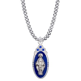 True Faith 1 Inch Sterling Silver Oval Miraculous Medal Necklace, Virgin Mary Pendant with Blue Enameled Center and Sapphire Stones, Religious Jewelry for Women and Men