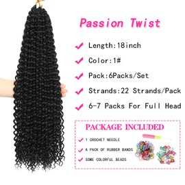 Ubeleco Passion Twist Hair,18 Inch Water Wave Crochet Hair 6 Packs Black Passion Twists Crochet Hair for Women Long Bohemian Synthetic Curly Braiding Hair Extension(6pcs,#1)