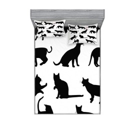 Ambesonne Cat Fitted Sheet & Pillow Sham Set, Silhouette of Kittens in Various Postures Playing Red Ball Animal Pet Paw Print, Decorative Printed 3 Piece Bedding Decor Set, King, Charcoal