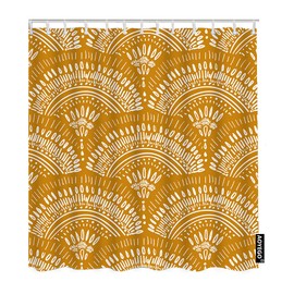 AOYEGO Bohemian Geometric Pattern Fabric Shower Curtain with Hooks Ethnic Intricate Mustard Yellow Doodle Bath Shower Curtain Polyester 72x72 Inch for Bathrooms Bathtubs Camping