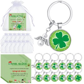 Kasyat Set of 12 Lucky Gifts Includes 12 Lucky Charm Keyrings, 12 Angel Keyrings, 12 Greeting Cards and 12 White Organza Bags with Drawstring, Green, white