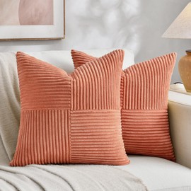 Fancy Homi 2 Packs Coral Big Decorative Throw Pillow Covers 24x24 Inch for Living Room Couch, Rustic Farmhouse Boho Home Decor, Soft Corss Corduroy Patchwork Accent Peach Square Cushion Case 60x60 cm