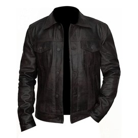 Men’s Trucker Leather Jacket – Real Lambskin Vintage Trucker Shirt Collar Button Closure Casual Biker Jacket Black