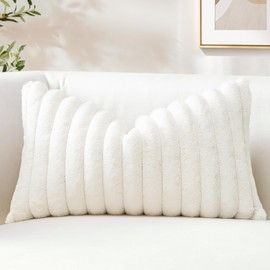 Sungeek Set of 1 White Faux Rabbit Fur Cushion Cover 30x50 cm, Soft Cozy Plush Striped Decorative Throw Pillow Covers 12x20 Inch Velvet Lumbar Pillowcases for Sofa Bedroom