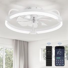 LEDIARY Ceiling Fans with Lights and Remote, 20'' Low Profile Ceiling Fan with Light, 3000-6000K Dimmable Fandelier LED Fan Light, 6 Wind Speeds, White Modern Flush Mount Ceiling Fan for Bedroom