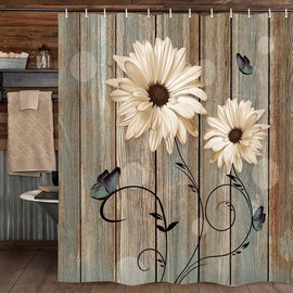 Rustic Floral Shower Curtain for Bathroom, Elegant Daisy Flower Butterflies Bath Curtains, Farmhouse Barn Wood Vintage Fabric Shower Curtain Sets with Hooks, 47x72Inches