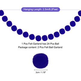 MECCANIXITY 2Pcs Felt Ball Garland Blue Pom Pom Garland Handing Balls 8.2 Feet Long 24 Balls Party Banner Decor for Christmas Birthday Party Decoration