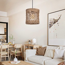 Arturesthome Boho Hand Woven Rattan Pendant Light Fixture, Mini Farmhouse Natural Chandelier Lighting, Retro Wicker Hanging Lamp for Kitchen Island D 7.8″*7.8″