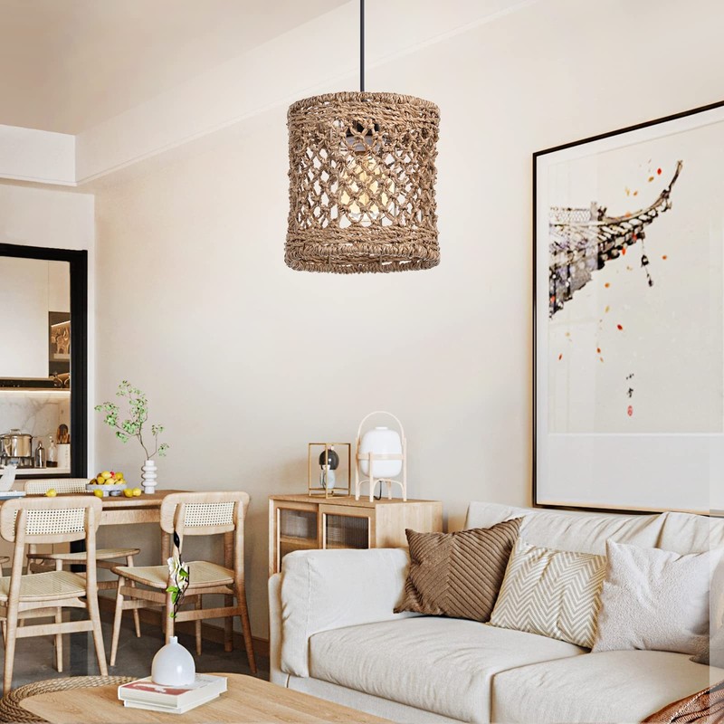 Arturesthome Boho Hand Woven Rattan Pendant Light Fixture, Mini Farmhouse