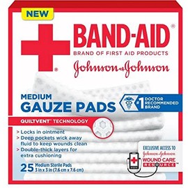 Band-Aid Johnson & Johnson Medium Gauze Pads, 25 Medium Sterile Pads 3 in X 3 in (Pack of 12)