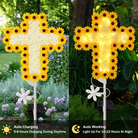 YJFWAL Solar Daisy Cross Garden Stake Lights, Yard Solar Lights Cemetery Decorations for Grave Outdoor Lights Jesus Cross Sympathy Memorial Gifts for Grandmother, for Garden Yard Lawn Patio Pathway