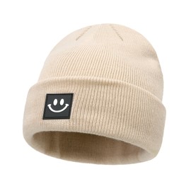 Fiohiros Baby Beanie for Kids, Soft Knit Winter Hat, Smiley Face Design Stretchy Toddler Hat (AU, Age, 6 Months, 24 Months, Beige)